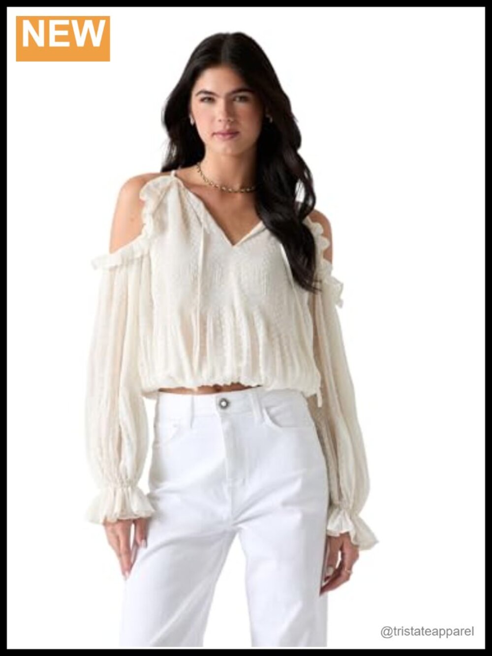 Long Sleeve Cold Shoulder Chiffon Blouse V-Neck Pleated Women's Top